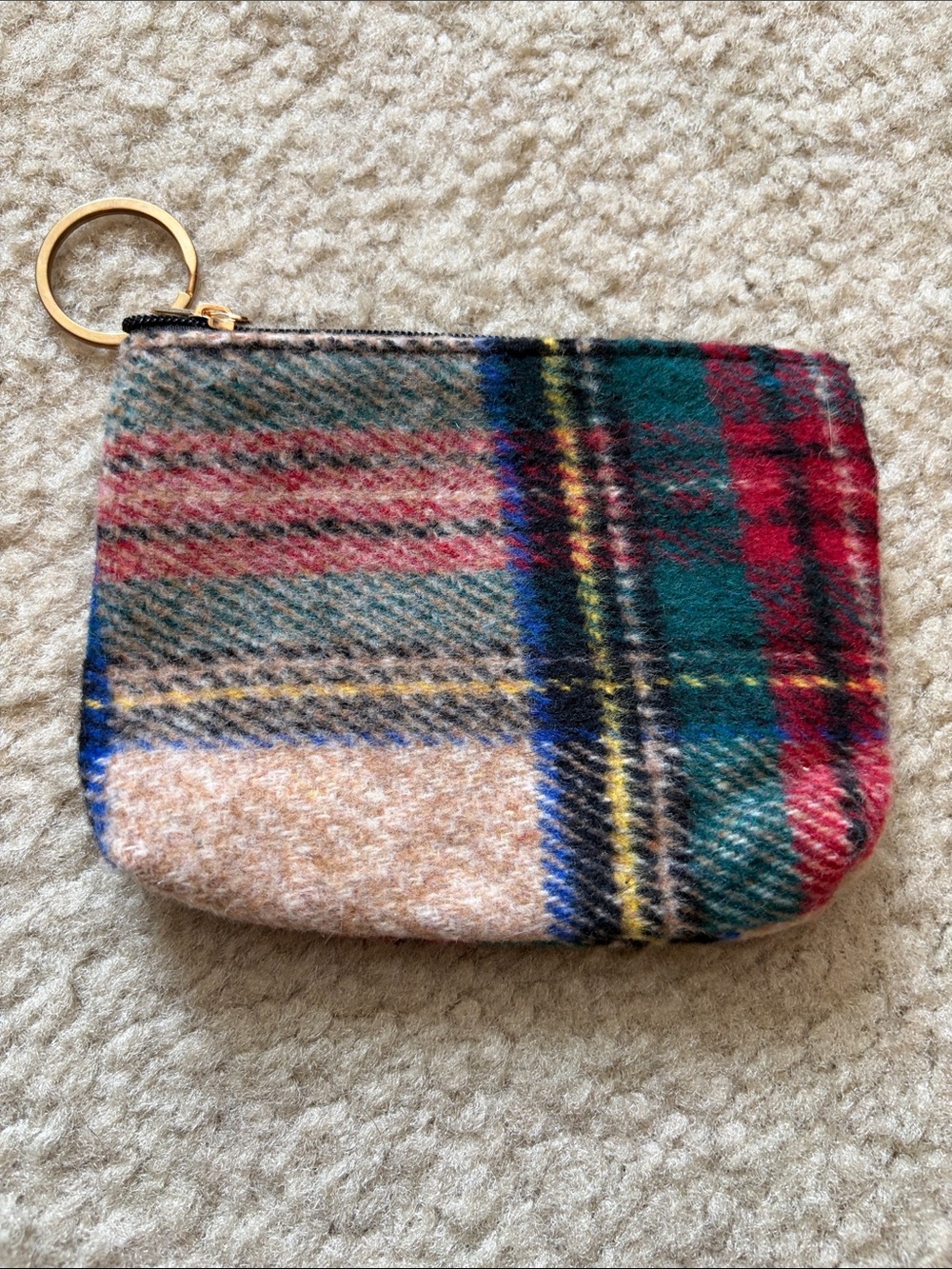 Trendy boutique Multi-Color Plaid Wool Zip Pouch with Gold Ring